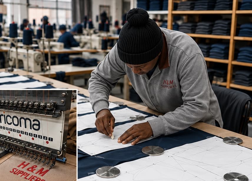 H&M machinist marking a pattern on navy fabric