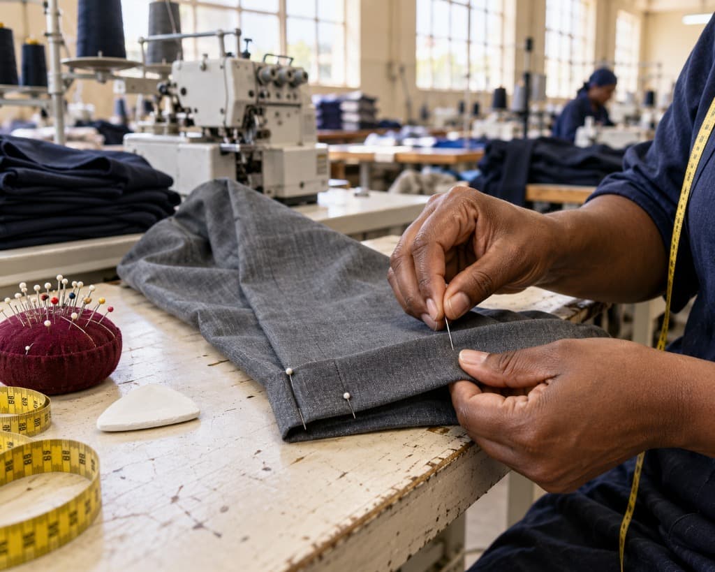 Pinning and adjusting trouser hem on a workshop table