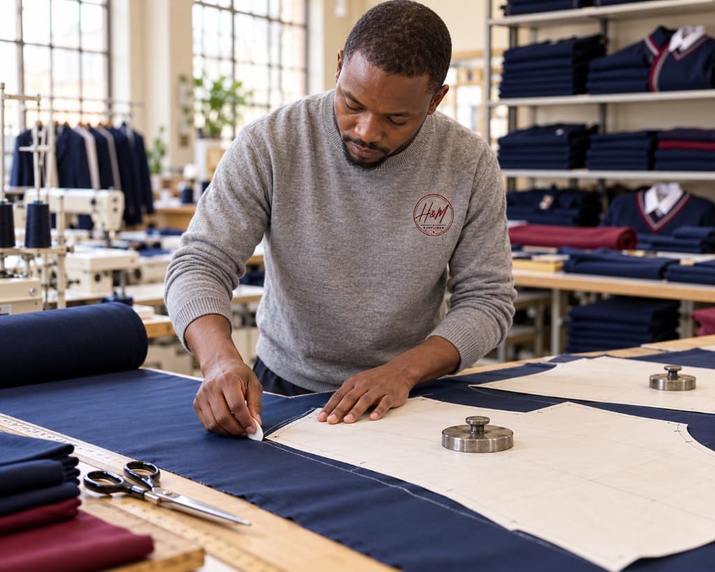H&M machinist marking a pattern on navy fabric