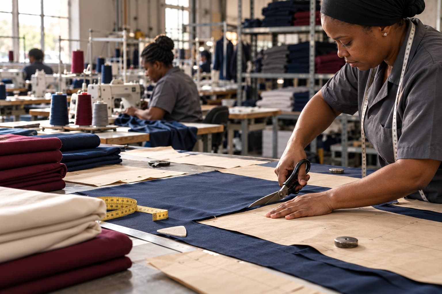 Machinist cutting navy school fabric on a pattern table