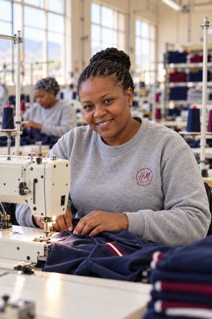 Smiling H&M machinist at a sewing machine
